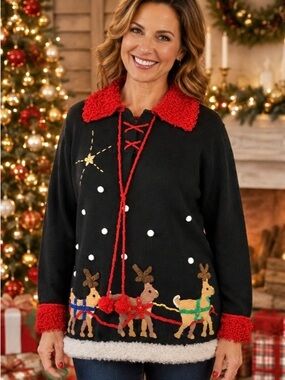 Ugly Black Christmas Sweater Berek 2 Santa Sleigh and Reindeer Women’s Sz L